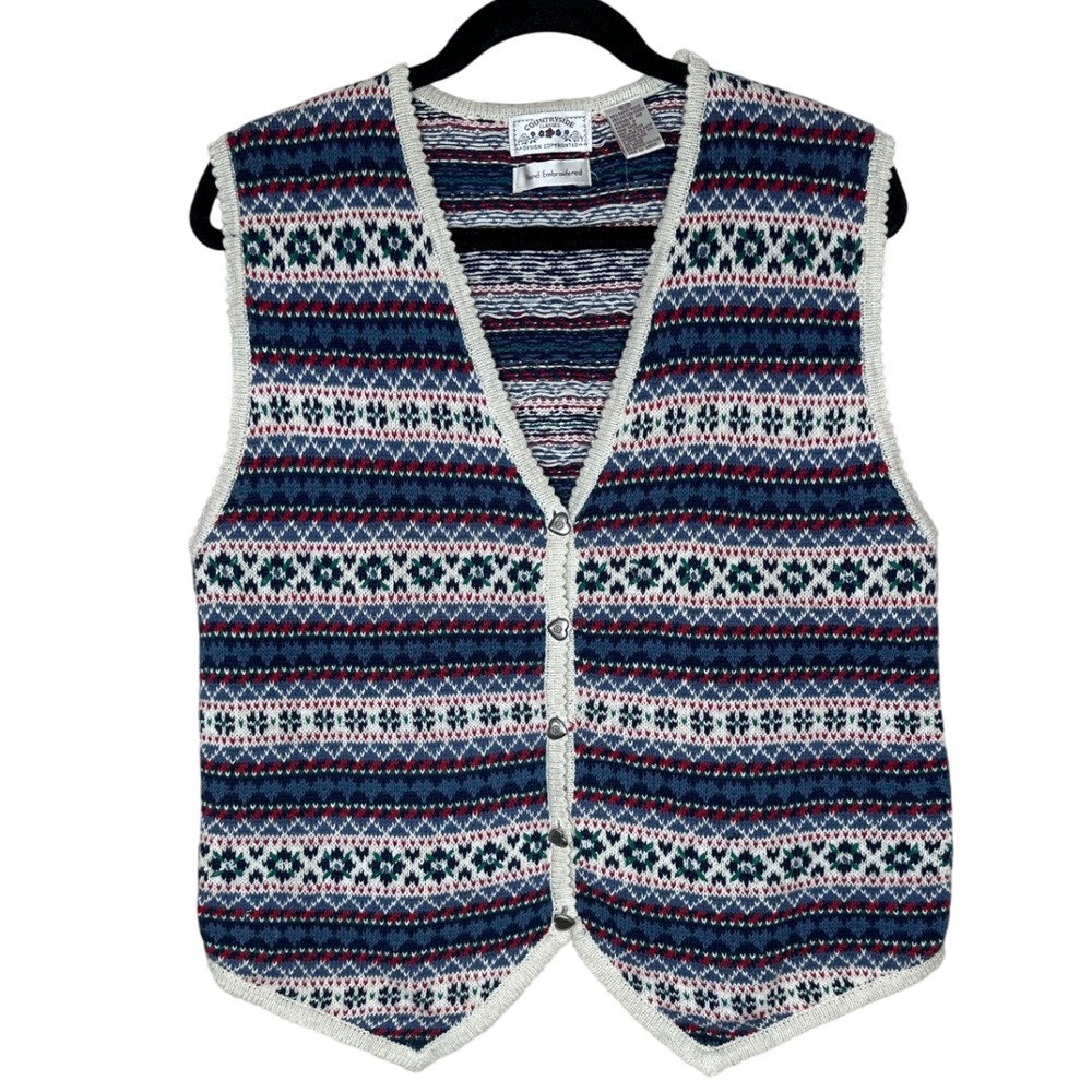 Countryside‎ Classics Sweater Vest Hand Embroidered Fair Isle Heart Buttons M/M